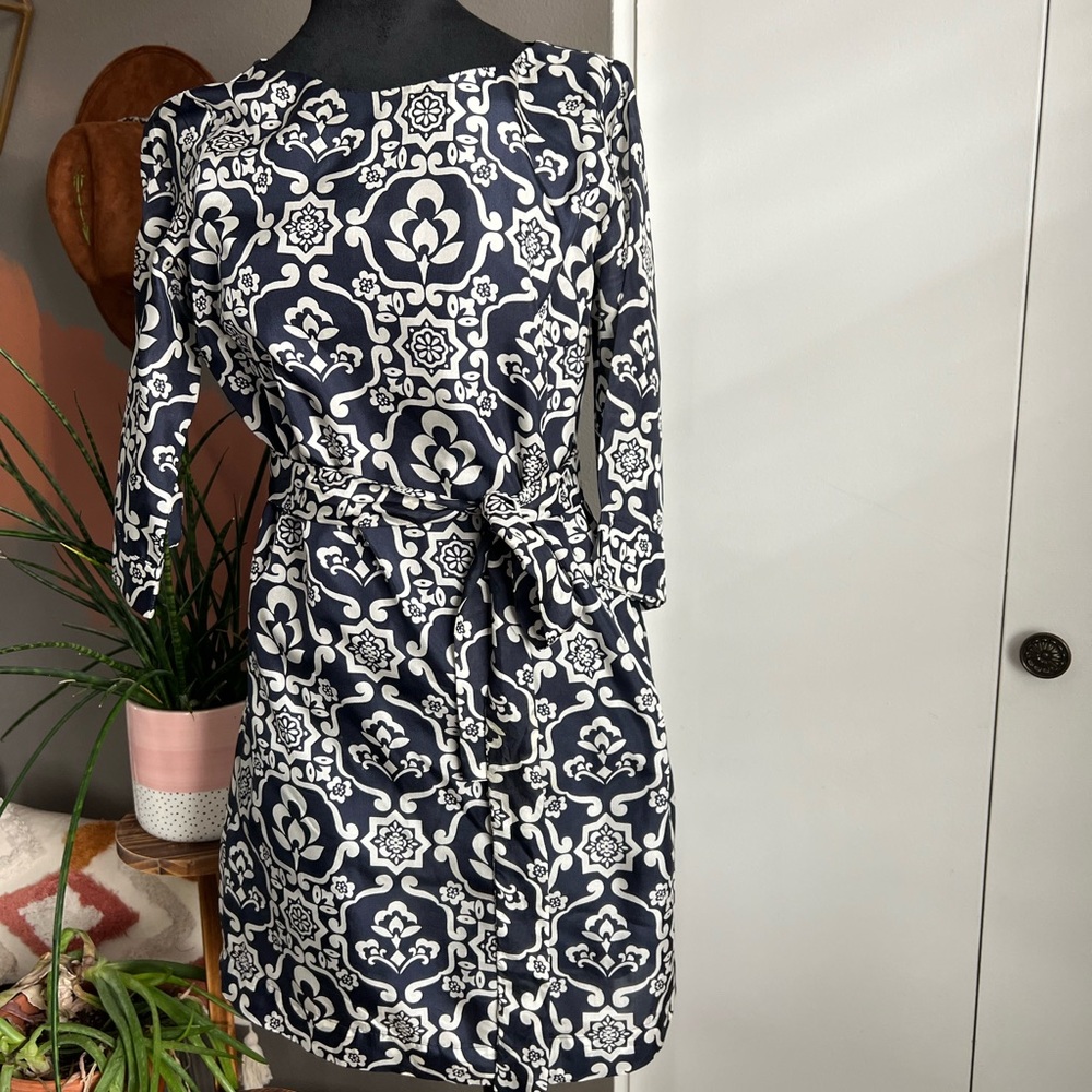 Navy and White Long Sleeve 100% Silk Tie-Waist Dress